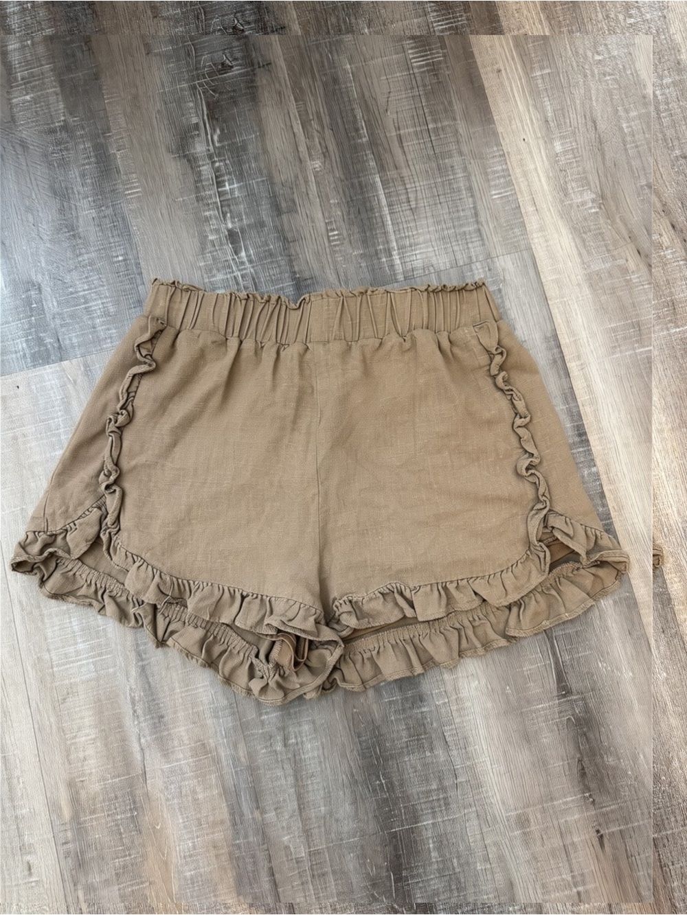 Women’s Brown Rayon Linen Ruffle Shorts Size Small Boho Elastic Waist